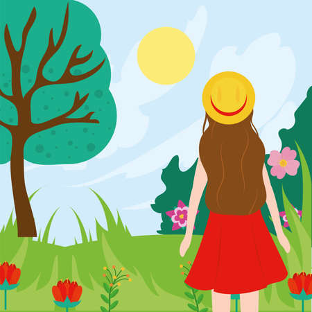 Spring landscape and girl with red dress design, Season natural floral ornament garden and decoration theme Vector illustrationのイラスト素材