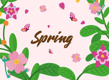 Spring flowers leaves and butterflies design, Season natural floral ornament garden and decoration theme Vector illustrationのイラスト素材