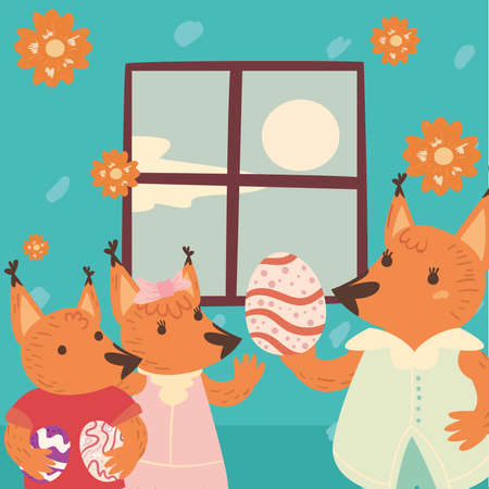 Happy easter foxes with eggsのイラスト素材
