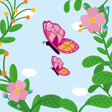 Spring butterflies with flowers design, Season natural floral ornament garden and decoration theme Vector illustrationのイラスト素材