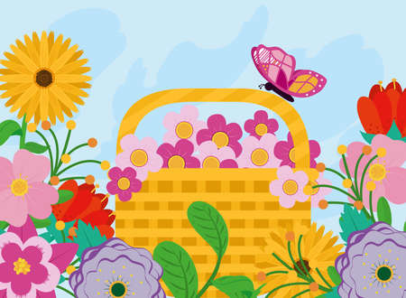 Butterfly on spring flowers basket design, Season natural floral ornament garden and decoration theme Vector illustrationのイラスト素材