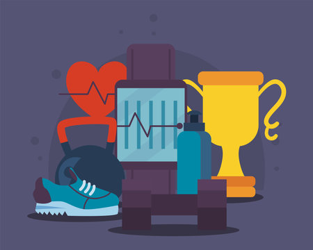 Fitness smartwatch with icon group design, Gym sport and bodybuilding theme Vector illustrationのイラスト素材