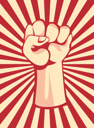 Revolution fist up on striped and retro banner design, Manifestation protest demonstration and political theme Vector illustrationのイラスト素材