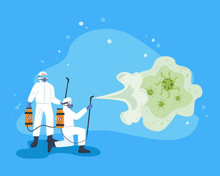 Men disinfecting green covid 19 virusのイラスト素材
