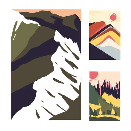 Minimalist landscapes banners symbol set design, nature and outdoor theme Vector illustrationのイラスト素材