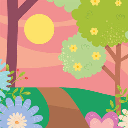 Spring landscape with flowers trees sun and road design, Season natural floral ornament garden and decoration theme Vector illustrationのイラスト素材