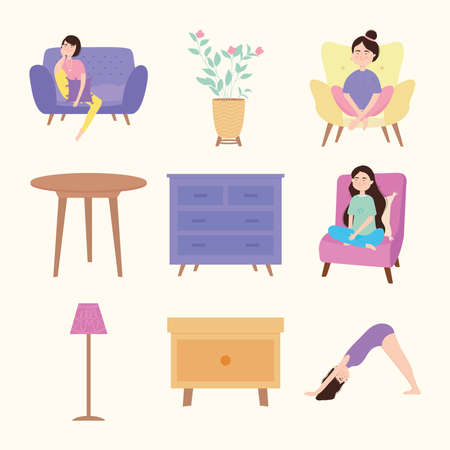 relaxed Women and decorative furnitureのイラスト素材