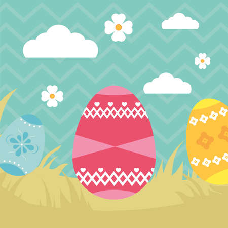 happy easter eggs on grassのイラスト素材