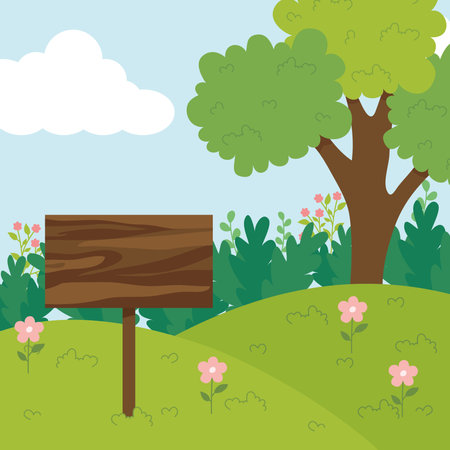 landscape illustration with pink flowersのイラスト素材