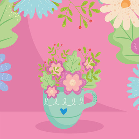 Spring mug with flowers design, Season natural floral ornament garden and decoration theme Vector illustrationのイラスト素材