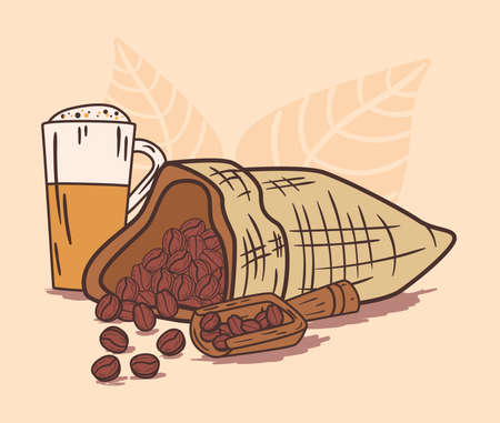 coffee beans bag and glassのイラスト素材