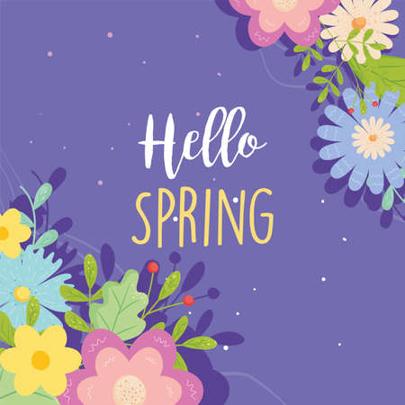 Hello spring with flowers card design, Season natural floral ornament garden and decoration theme Vector illustrationのイラスト素材