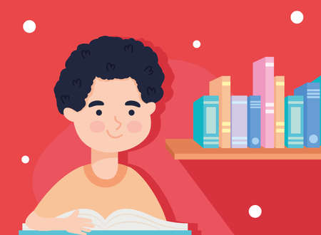 Boy with books on shelfのイラスト素材
