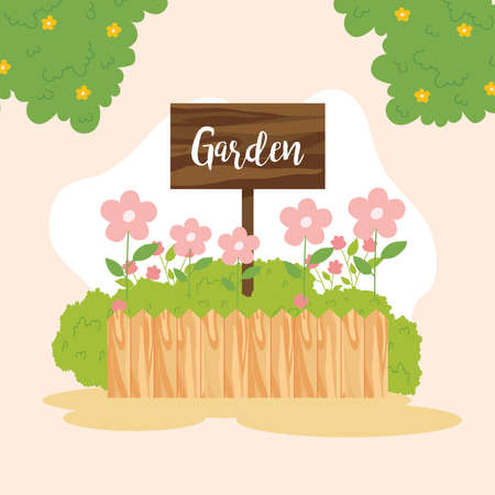 Garden wood banner with flowersのイラスト素材