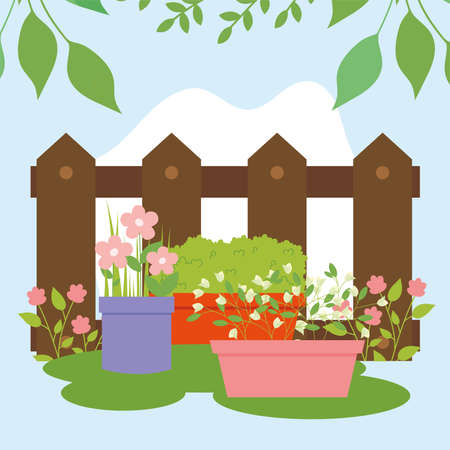 Wood fence and flowers potsのイラスト素材