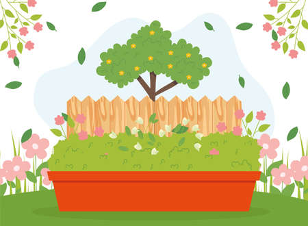 Garden flowers pot and treeのイラスト素材