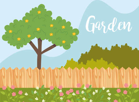 Garden tree fence and flowersのイラスト素材
