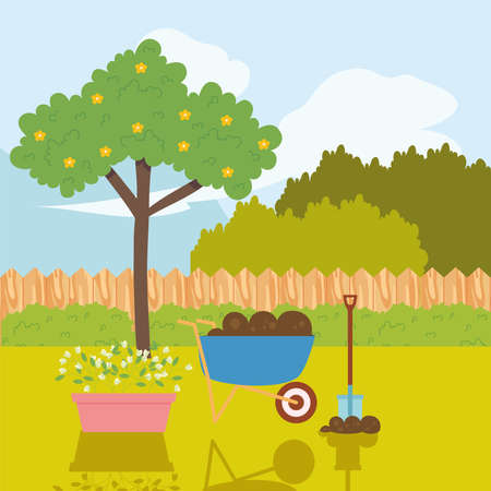 Garden tree flowers and wheelbarrowのイラスト素材