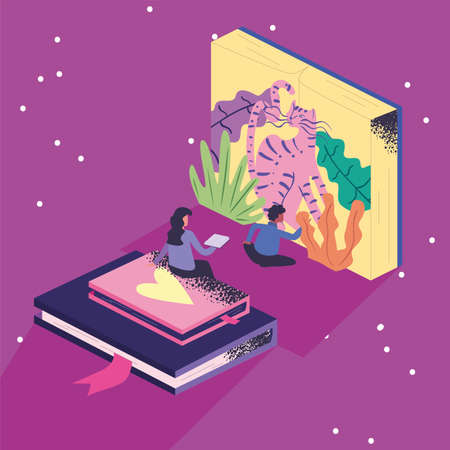 man woman with isometric bookのイラスト素材