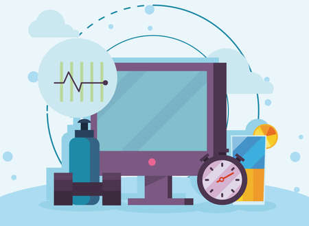 Computer with fitness icon collectionのイラスト素材