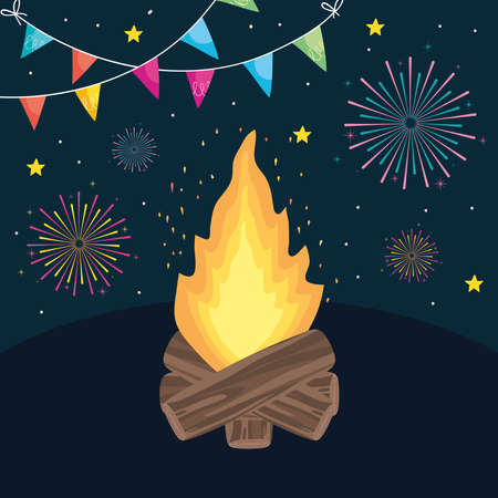 bonfire and colorful fireworks aroundのイラスト素材