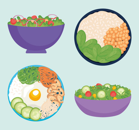 healthy salads bowls icon setのイラスト素材