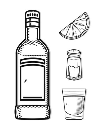 tequila bottle and related iconsのイラスト素材