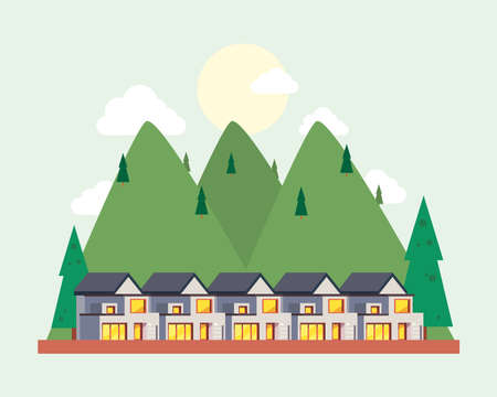 white house with pines mountainsのイラスト素材