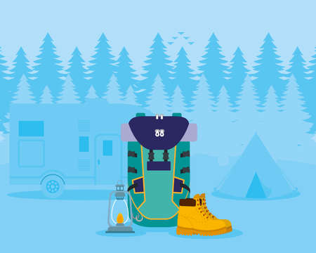 camp hiking backpack and bootsのイラスト素材
