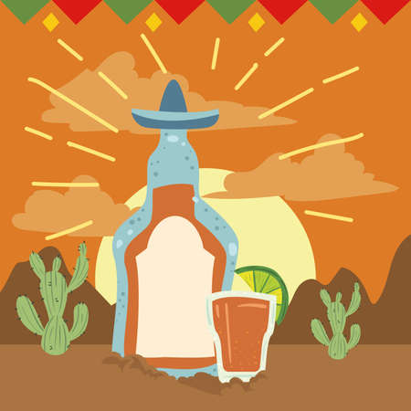 tequila bottle and cupのイラスト素材