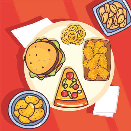 pizza hamburger and chickenのイラスト素材