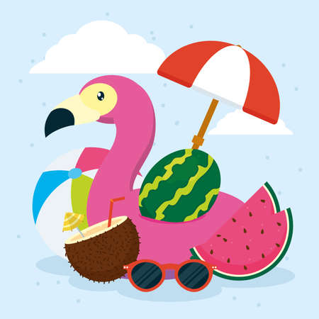 flamingo float with icon setのイラスト素材