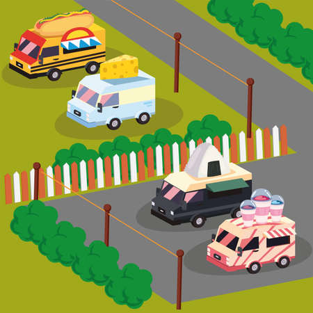 food trucks at parking lotのイラスト素材