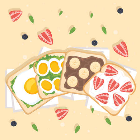 toasts with eggs, bananas and strawberriesのイラスト素材