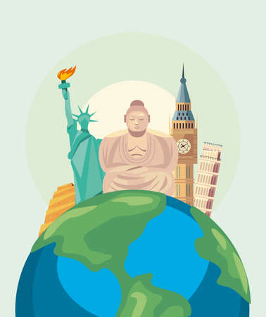 Landmarks icon set on worldのイラスト素材