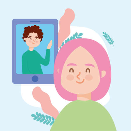 Girl and boy in video conferenceのイラスト素材
