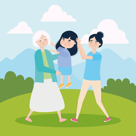 grandmother, woman and girl at park