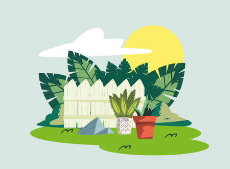 backyard houseplants and fenceのイラスト素材