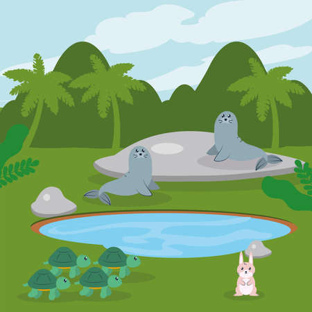 animals in lakeのイラスト素材