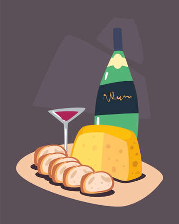 wine bottle and cheeseのイラスト素材