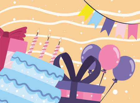 cake with candles gifts balloons and bannerのイラスト素材