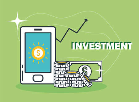 smartphone with coins and dollar bills,のイラスト素材