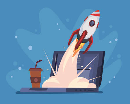 Laptop with start up rocketのイラスト素材