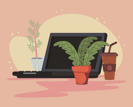 laptop with mug and plantsのイラスト素材