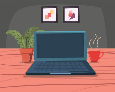 open laptop with mug and plantのイラスト素材