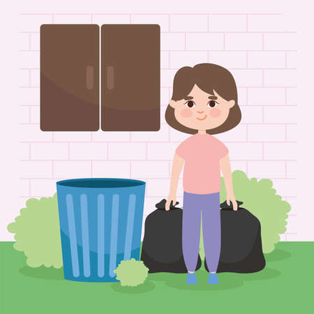 girl taking out garbage bagsのイラスト素材