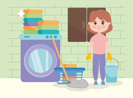 girl with mop and laundryのイラスト素材