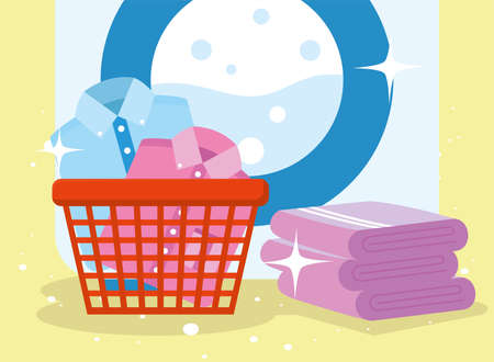 Laundry shirts inside basket and towelsのイラスト素材