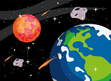 earth mars planets and shooting starsのイラスト素材
