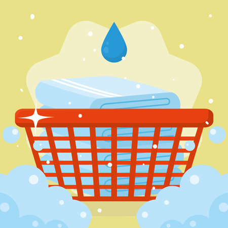 Laundry towels inside basket with drop on yellow backgroundのイラスト素材